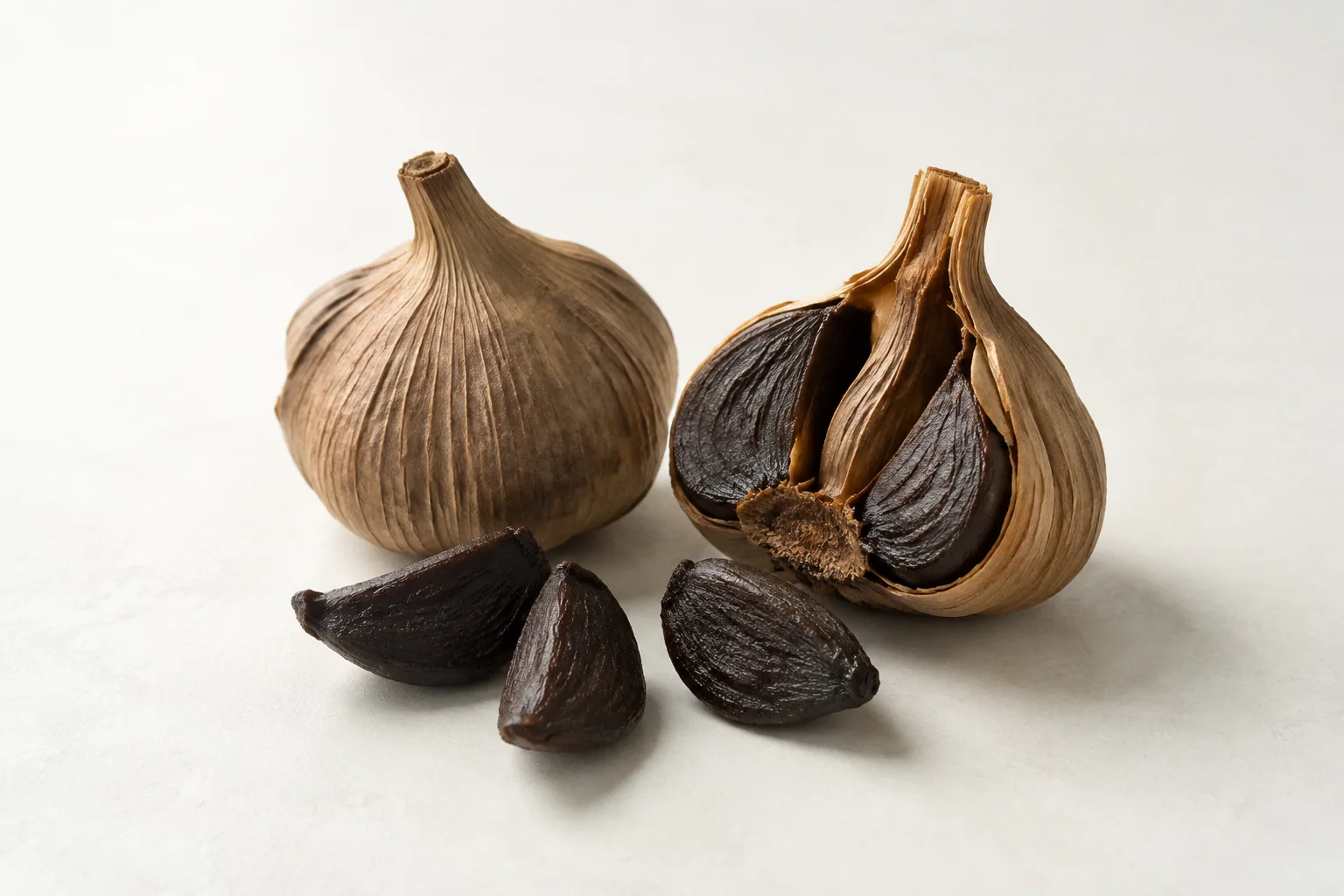Black garlic bulbs and dark peeled cloves