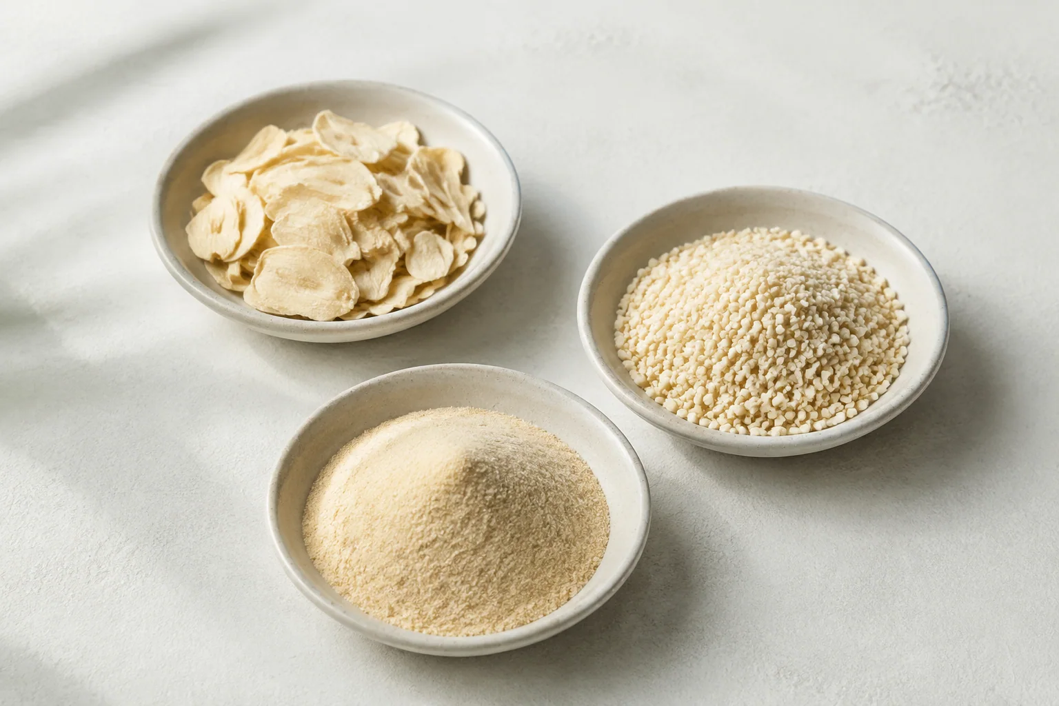 Garlic powder, granules and dried flakes