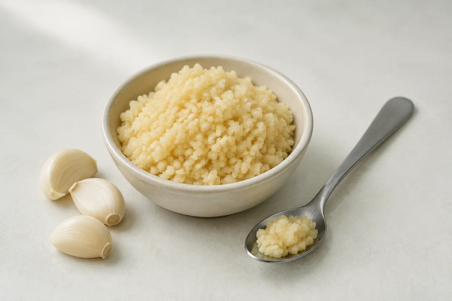 Finely crushed garlic in a small bowl and teaspoon, with peeled cloves alongside
