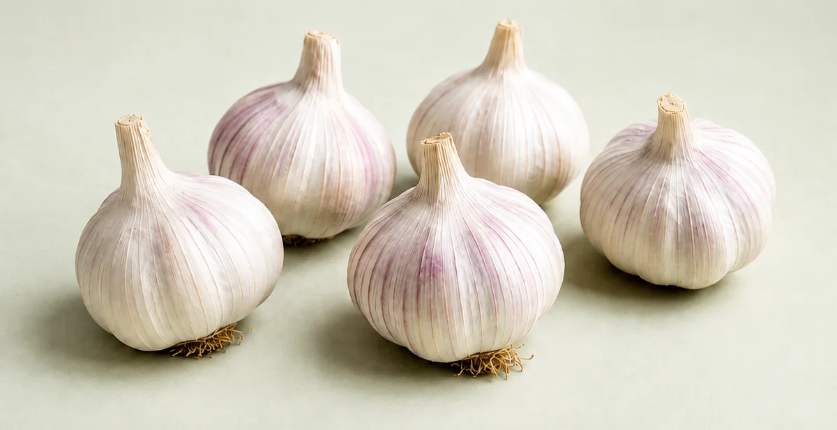 Five intact garlic bulbs with white and lilac papery skins