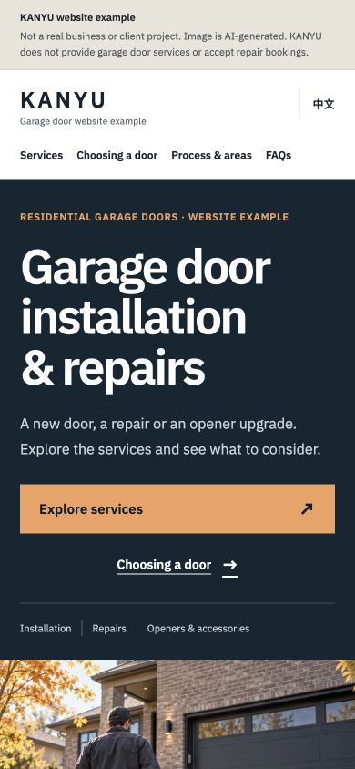 Garage door services website demo — mobile view